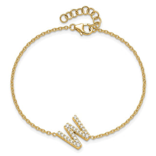 6.5" 14K Yellow Gold Diamond Sideways Letter W w/ 1in ext. Bracelet