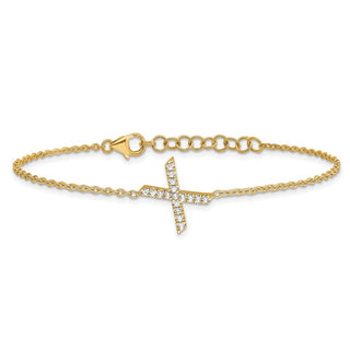 6.5" 14K Yellow Gold Diamond Sideways Letter X w/ 1in ext. Bracelet