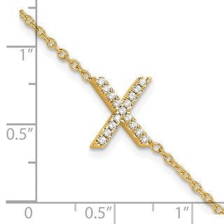 6.5" 14K Yellow Gold Diamond Sideways Letter X w/ 1in ext. Bracelet