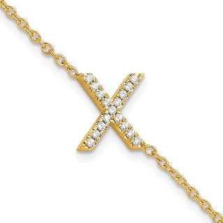 6.5" 14K Yellow Gold Diamond Sideways Letter X w/ 1in ext. Bracelet