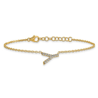 6.5" 14K Yellow Gold Diamond Sideways Letter Y w/ 1in ext. Bracelet