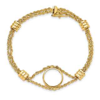7.25" 14k Yellow Gold Rope Chain & 14mm Coin w/ 4 Stations Bracelet - Fits 1/20 oz Maple Leaf and Other Coins