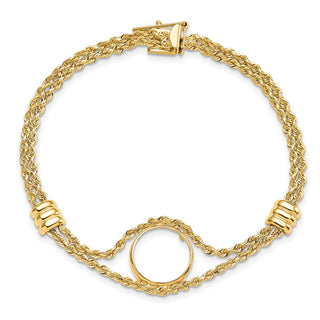 14k Polished Double Rope Chain with 2 Stations 13.0mm Prong Coin Bezel Bracelet - Fits 2 Pesos and US $1