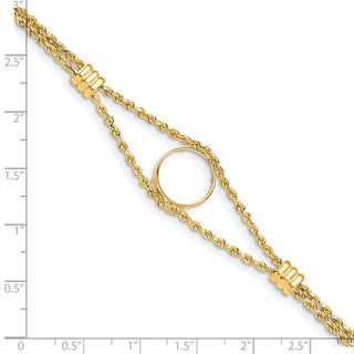 14k Polished Double Rope Chain with 2 Stations 13.0mm Prong Coin Bezel Bracelet - Fits 2 Pesos and US $1