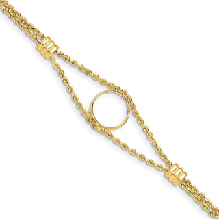 14k Polished Double Rope Chain with 2 Stations 13.0mm Prong Coin Bezel Bracelet - Fits 2 Pesos and US $1