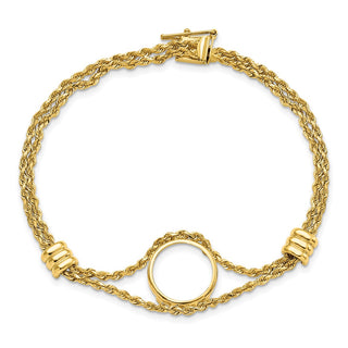 14k Polished Double Rope Chain with 2 Stations 14.0mm Prong Coin Bezel Bracelet - Fits 1/20 oz Maple Leaf and Other Coins