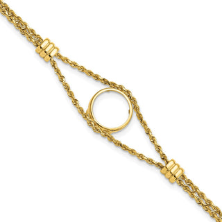 14k Polished Double Rope Chain with 2 Stations 14.0mm Prong Coin Bezel Bracelet - Fits 1/20 oz Maple Leaf and Other Coins