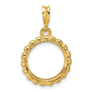 14k Yellow Gold Polished and Diamond-cut with Beaded Edge 13.0mm Prong Coin Bezel Pendant - Fits 2 Pesos