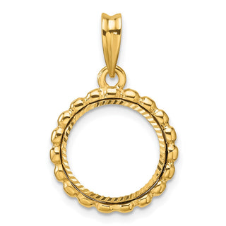 14k Yellow Gold Polished and Diamond-cut with Beaded Edge 13.0mm Prong Coin Bezel Pendant - Fits 2 Pesos