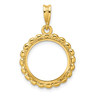 14k Yellow Gold Polished and Diamond-cut with Beaded Edge 15.0mm Prong Coin Bezel Pendant - Fits US $1 Type 2