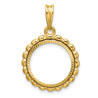 14k Yellow Gold Polished and Diamond-cut with Beaded Edge 15.0mm Prong Coin Bezel Pendant - Fits US $1 Type 2