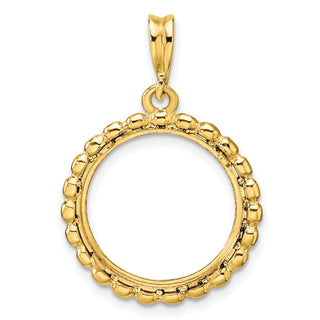 14k Yellow Gold Polished and Diamond-cut with Beaded Edge 16.5mm Prong Coin Bezel Pendant - Fits 1/10 oz American Eagle and 1/10 oz Krugerrand