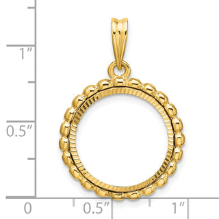 14k Yellow Gold Polished and Diamond-cut with Beaded Edge 16.5mm Prong Coin Bezel Pendant - Fits 1/10 oz American Eagle and 1/10 oz Krugerrand