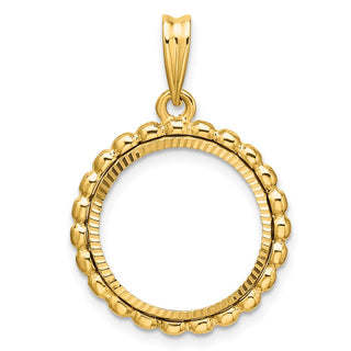 14k Yellow Gold Polished and Diamond-cut with Beaded Edge 16.5mm Prong Coin Bezel Pendant - Fits 1/10 oz American Eagle and 1/10 oz Krugerrand