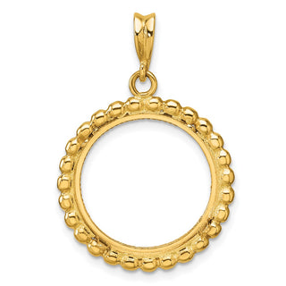 14k Yellow Gold Polished and Diamond-cut with Beaded Edge 17.8mm Prong Coin Bezel Pendant - Fits US $2.50 Liberty and Other Coins