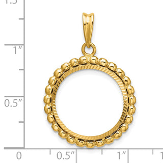 14k Yellow Gold Polished and Diamond-cut with Beaded Edge 17.8mm Prong Coin Bezel Pendant - Fits US $2.50 Liberty and Other Coins