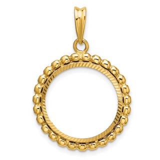 14k Yellow Gold Polished and Diamond-cut with Beaded Edge 17.8mm Prong Coin Bezel Pendant - Fits US $2.50 Liberty and Other Coins