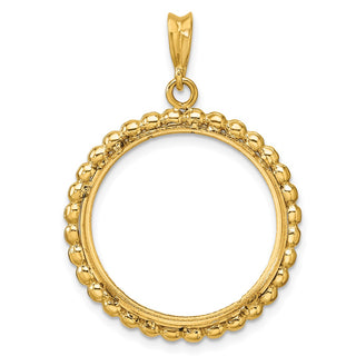 14k Yellow Gold Polished and Diamond-cut with Beaded Edge 21.6mm Prong Coin Bezel Pendant - Fits US $5 Bald Eagle, US $5 Congressional, US $5 Liberty, and Other Coins