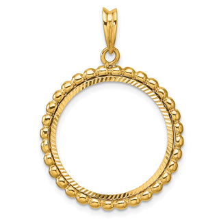 14k Yellow Gold Polished and Diamond-cut with Beaded Edge 21.6mm Prong Coin Bezel Pendant - Fits US $5 Bald Eagle, US $5 Congressional, US $5 Liberty, and Other Coins