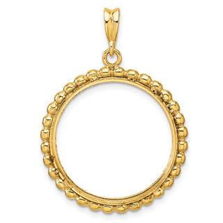 14k Yellow Gold Polished and Diamond-cut with Beaded Edge 22.0mm Prong Coin Bezel Pendant - Fits 1/4 oz American Eagle and Other Coins