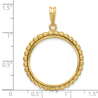 14k Yellow Gold Polished and Diamond-cut with Beaded Edge 22.0mm Prong Coin Bezel Pendant - Fits 1/4 oz American Eagle and Other Coins