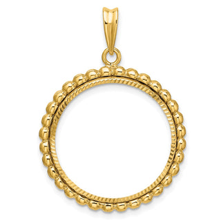 14k Yellow Gold Polished and Diamond-cut with Beaded Edge 22.0mm Prong Coin Bezel Pendant - Fits 1/4 oz American Eagle and Other Coins