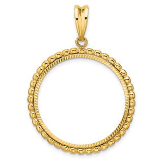 14k Yellow Gold Polished and Diamond-cut with Beaded Edge 27.0mm Prong Coin Bezel Pendant - Fits 1/2 oz American Eagle, US $10 Liberty, and Other Coins