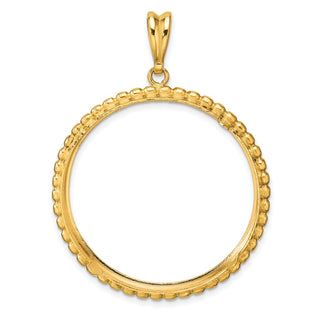 14k Yellow Gold Polished and Diamond-cut with Beaded Edge 32.7mm Prong Coin Bezel Pendant - Fits 1 oz American Eagle, 1 oz Cat, and 1 oz Krugerrand