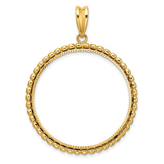 14k Yellow Gold Polished and Diamond-cut with Beaded Edge 32.7mm Prong Coin Bezel Pendant - Fits 1 oz American Eagle, 1 oz Cat, and 1 oz Krugerrand