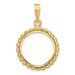 14k Yellow Gold 16.5mm Beaded Edge Prong Coin Bezel Pendant - Fits 1/10 oz American Eagle and 1/10 oz Krugerrand