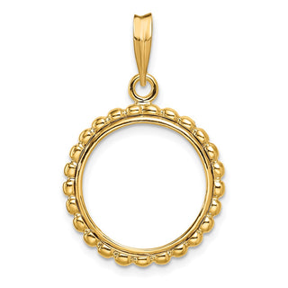 14k Yellow Gold 16.5mm Beaded Edge Prong Coin Bezel Pendant - Fits 1/10 oz American Eagle and 1/10 oz Krugerrand