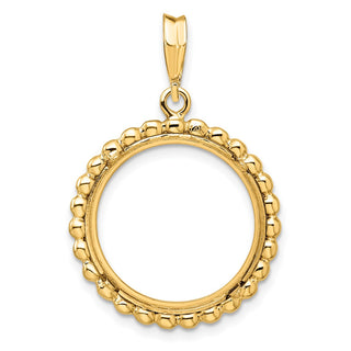 14k Yellow Gold 17.8mm Beaded Edge Prong Coin Bezel Pendant - Fits US $2.50 Liberty and Other Coins