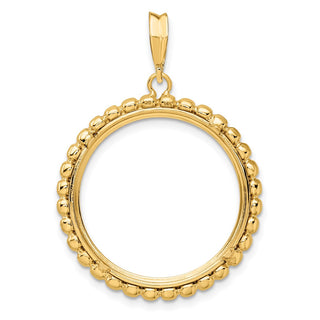 14k Yellow Gold 21.6mm Beaded Edge Prong Coin Bezel Pendant - Fits US $5 Bald Eagle, US $5 Congressional, US $5 Liberty, and Other Coins