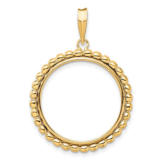 14k Yellow Gold 21.6mm Beaded Edge Prong Coin Bezel Pendant - Fits US $5 Bald Eagle, US $5 Congressional, US $5 Liberty, and Other Coins