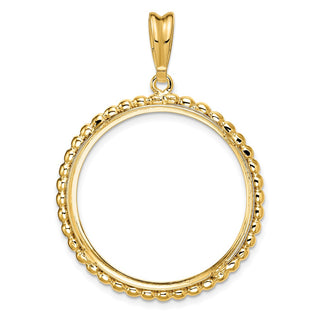 14k Yellow Gold 27mm Beaded Edge Prong Coin Bezel Pendant - Fits 1/2 oz American Eagle, US $10 Liberty, and Other Coins