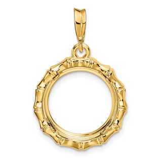 14k Yellow Gold Polished 14mm Bamboo Prong Coin Bezel Pendant - Fits 1/20 oz Maple Leaf and Other Coins