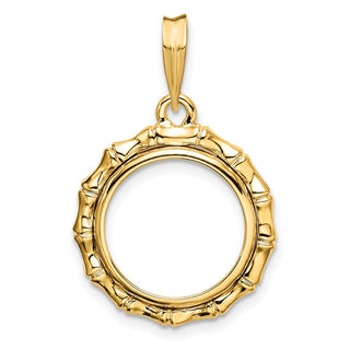 14k Yellow Gold Polished 14mm Bamboo Prong Coin Bezel Pendant - Fits 1/20 oz Maple Leaf and Other Coins