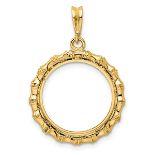 14k Yellow Gold Polished 18mm Bamboo Prong Coin Bezel Pendant - Fits 1/10 oz Cat