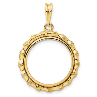 14k Yellow Gold Polished 18mm Bamboo Prong Coin Bezel Pendant - Fits 1/10 oz Cat