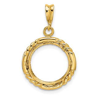 14k Yellow Gold Polished Quadruple Twist and Diamond-cut 13.0mm Prong Coin Bezel Pendant - Fits 2 Pesos