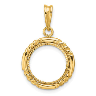 14k Yellow Gold Polished Quadruple Twist and Diamond-cut 13.0mm Prong Coin Bezel Pendant - Fits 2 Pesos