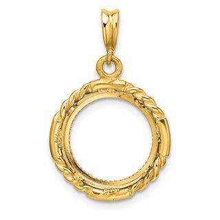 14k Yellow Gold Polished Quadruple Twist and Diamond-cut 14.0mm Prong Coin Bezel Pendant - Fits 1/20 oz Maple Leaf and Other Coins