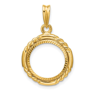 14k Yellow Gold Polished Quadruple Twist and Diamond-cut 14.0mm Prong Coin Bezel Pendant - Fits 1/20 oz Maple Leaf and Other Coins