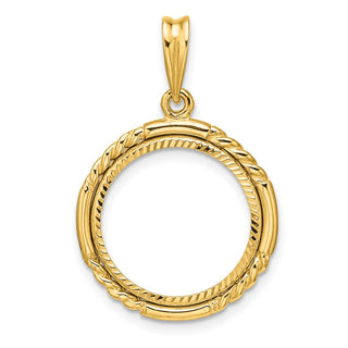 14k Yellow Gold Polished Quadruple Twist and Diamond-cut 16.0mm Prong Coin Bezel Pendant - Fits Maple Leaf