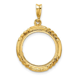 14k Yellow Gold Polished Quadruple Twist and Diamond-cut 16.5mm Prong Coin Bezel Pendant - Fits 1/10 oz American Eagle and 1/10 oz Krugerrand