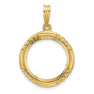 14k Yellow Gold Polished Quadruple Twist and Diamond-cut 16.5mm Prong Coin Bezel Pendant - Fits 1/10 oz American Eagle and 1/10 oz Krugerrand