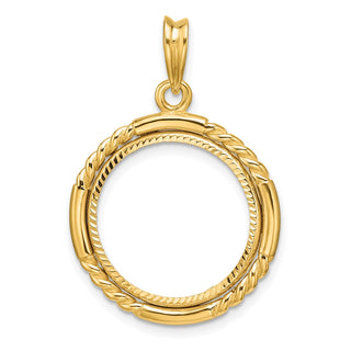 14k Yellow Gold Polished Quadruple Twist and Diamond-cut 17.8mm Prong Coin Bezel Pendant - Fits US $2.50 Liberty and Other Coins