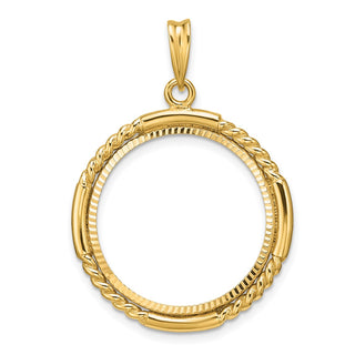 14k Yellow Gold Polished Quadruple Twist and Diamond-cut 21.6mm Prong Coin Bezel Pendant - Fits US $5 Bald Eagle and US $5 Congressional