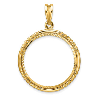 14k Yellow Gold Polished Quadruple Twist and Diamond-cut 27.0mm Prong Coin Bezel Pendant - Fits 1/2 oz American Eagle, US $10 Liberty, and Other Coins