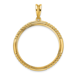 14k Yellow Gold Polished Quadruple Twist and Diamond-cut 30.0mm Prong Coin Bezel Pendant - Fits 1 oz Maple Leaf and 1/2 oz Cat
